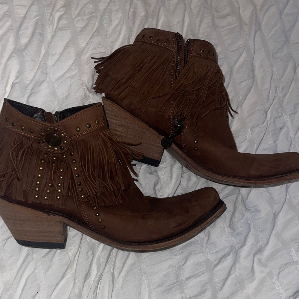 LIBERTY Black Brown Fringe Ankle Booties